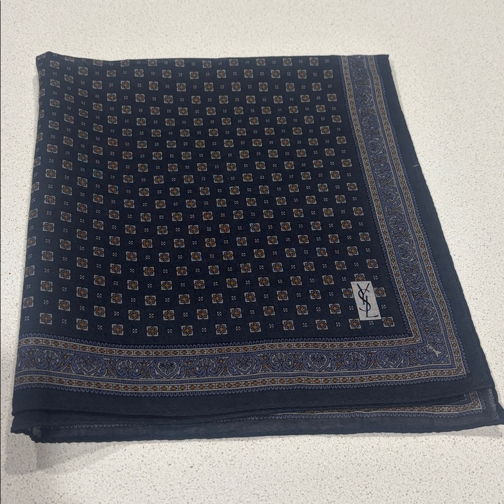 YSL Navy and Gold Patterned Scarf